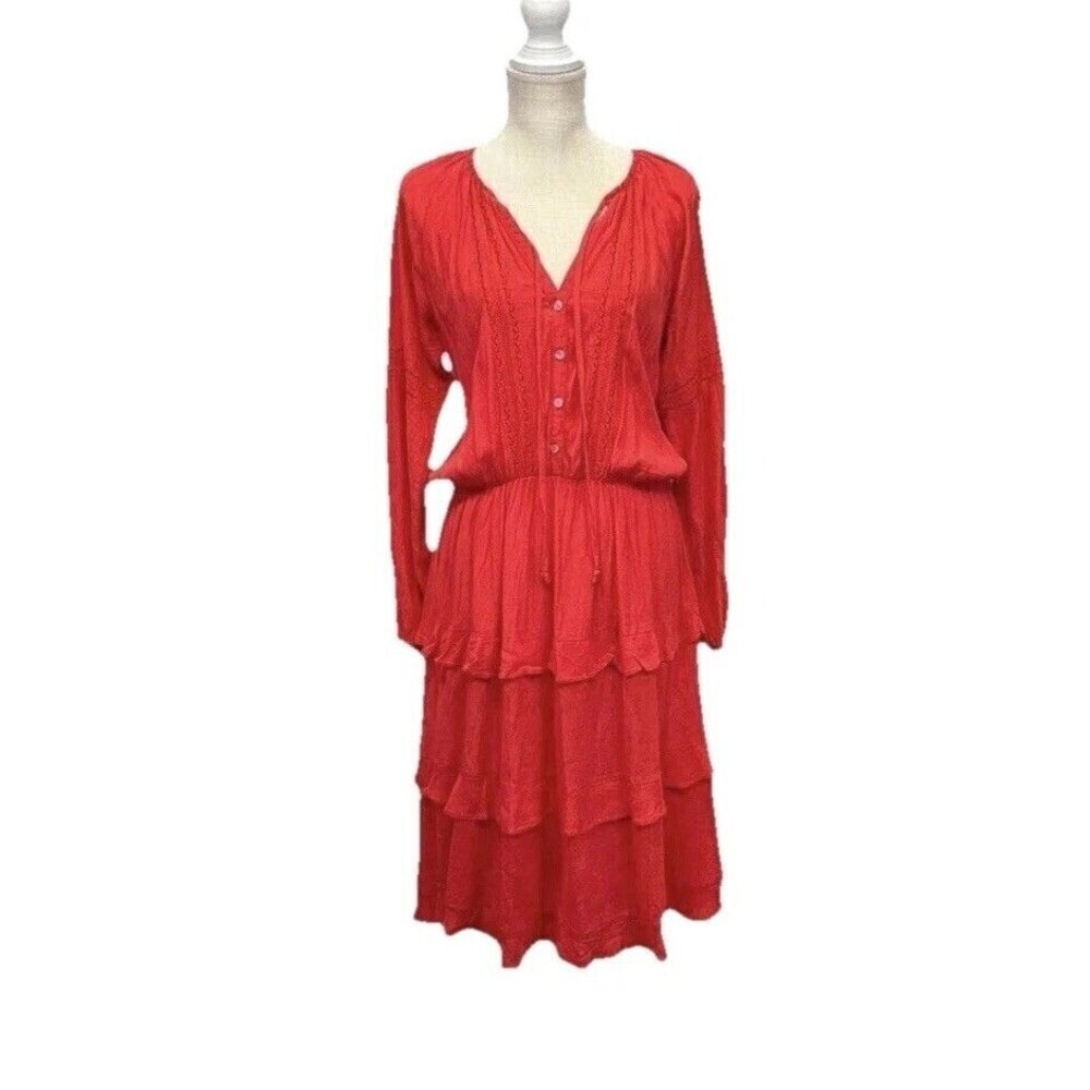 Anthropologie Sunday Brooklyn Red Boho Tiered Ruffle Peasant Midi Dress L